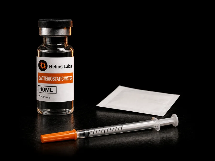A vial of Helios Labs bacteriostatic water, an insulin syringe and an alcohol swab