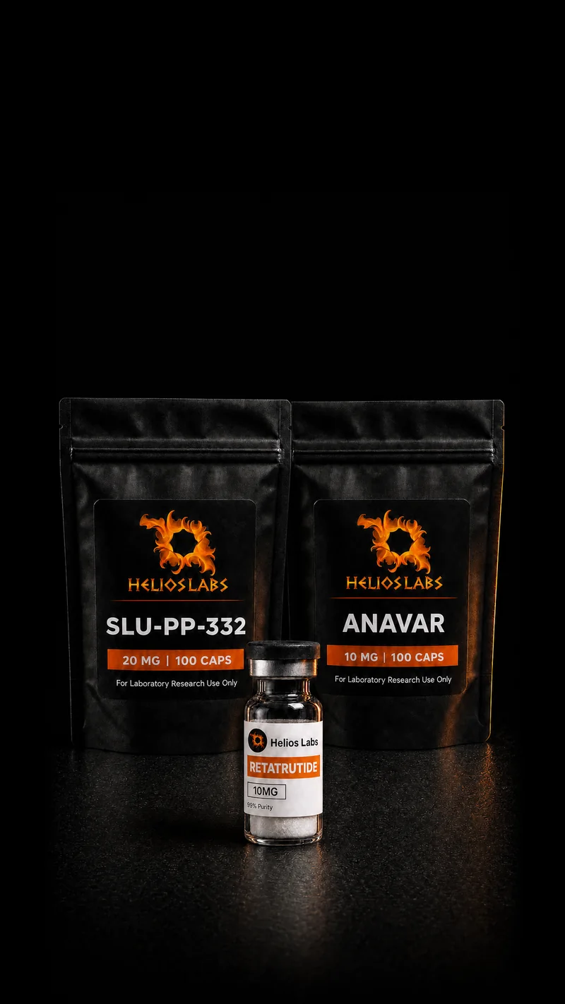 Three Helios Labs products on a black stone surface: a Retatrutide vial in front of pouches of SLU-PP-332 and Anavar
